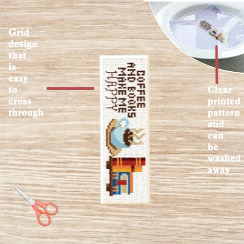 Image of FREEBLOSS 6 Set Cafeteria Cross Stitch Bookmark Stamped Cross Stitch Kit with Coffe&Books Patterns Embroidery Kit with Instruction DIY Bookmark Kit for Gift Adults 8.67''x3''