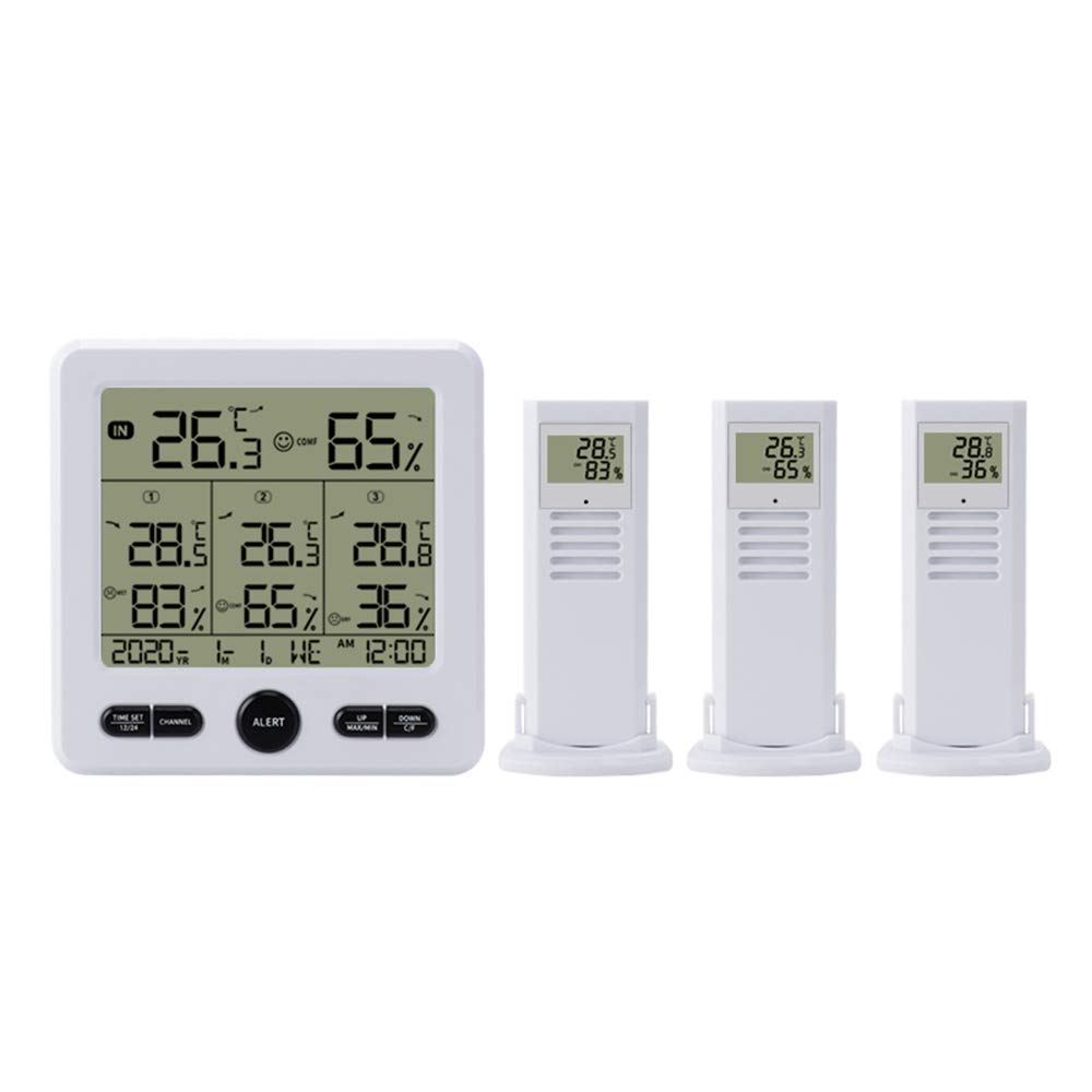 Termohigrómetro digital inalámbrico para interiores y exteriores con 3 sensores remotos, retroiluminación de 30 m y función de calibración de alarma, monitor de temperatura y humedad con 3