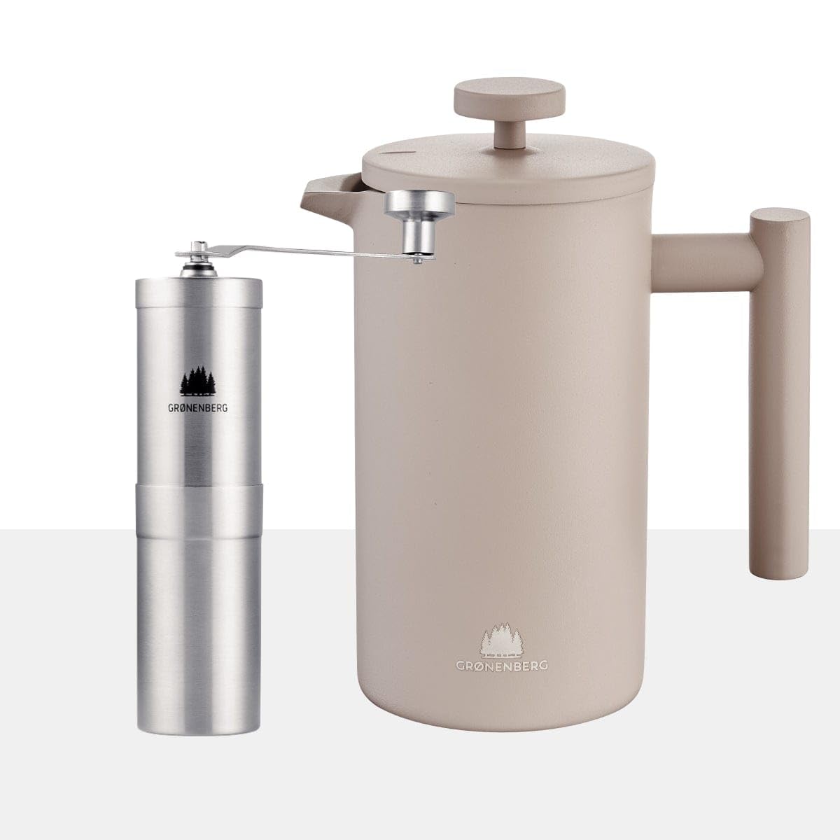 Groenenberg Pack ahorro 2 | Cafetera francesa Earth 1l + Molinillo de café manual | Prensa francesa (acero inox) con filtros de repuesto