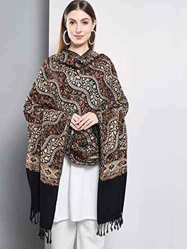Zamour Kashmiri Royal Nalki Embroidery Indian Traditional Full Size Shawl Wrap (Black)4