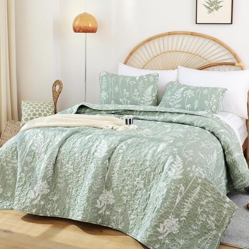 JANZAA Quilts Queen Size Sage Green Quilt Botanical with Floral Pattern Microfiber Bedspreads Queen...