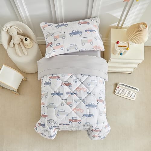Image of JHXHMX Car Toddler Bedding Set for Boys,4 Piece Bed-in-a-Bag Toddler Comforter Set,Soft Crib Bed Set Including Comforter,Flat Sheet,Fitted Sheet and Pillowcase-Gray
