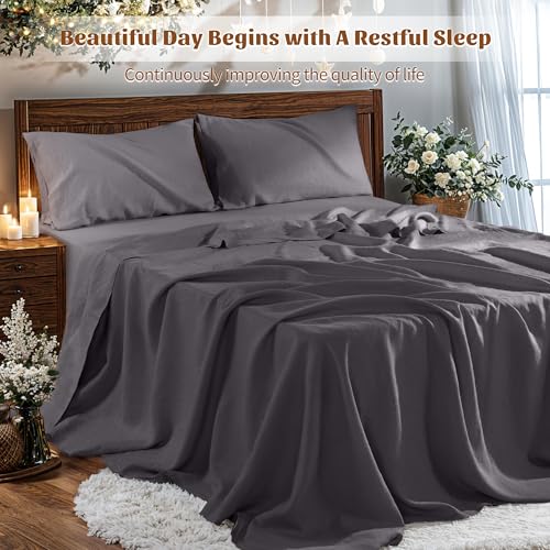 Image of 100% Pure Linen Sheet Set for Hot Sleepers 4pcs Sheet Set 1 Flat Sheet, 1 Fitted Sheet, 2 Pillowcases (Dark Gray Queen)