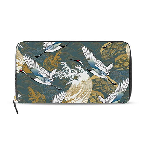 Preisvergleich Produktbild GIGIJY Geldbörse mit japanischem Kranich Vogel und Welle, mehrere Kreditkartenfächer, Ledertasche mit Reißverschluss