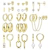 BESTEEL Juego de 13 pares de arracadas pequeñas de oro para mujer, chapadas en oro de 14 quilates, ligeras, hipoalergénicas, delicadas, para regalo