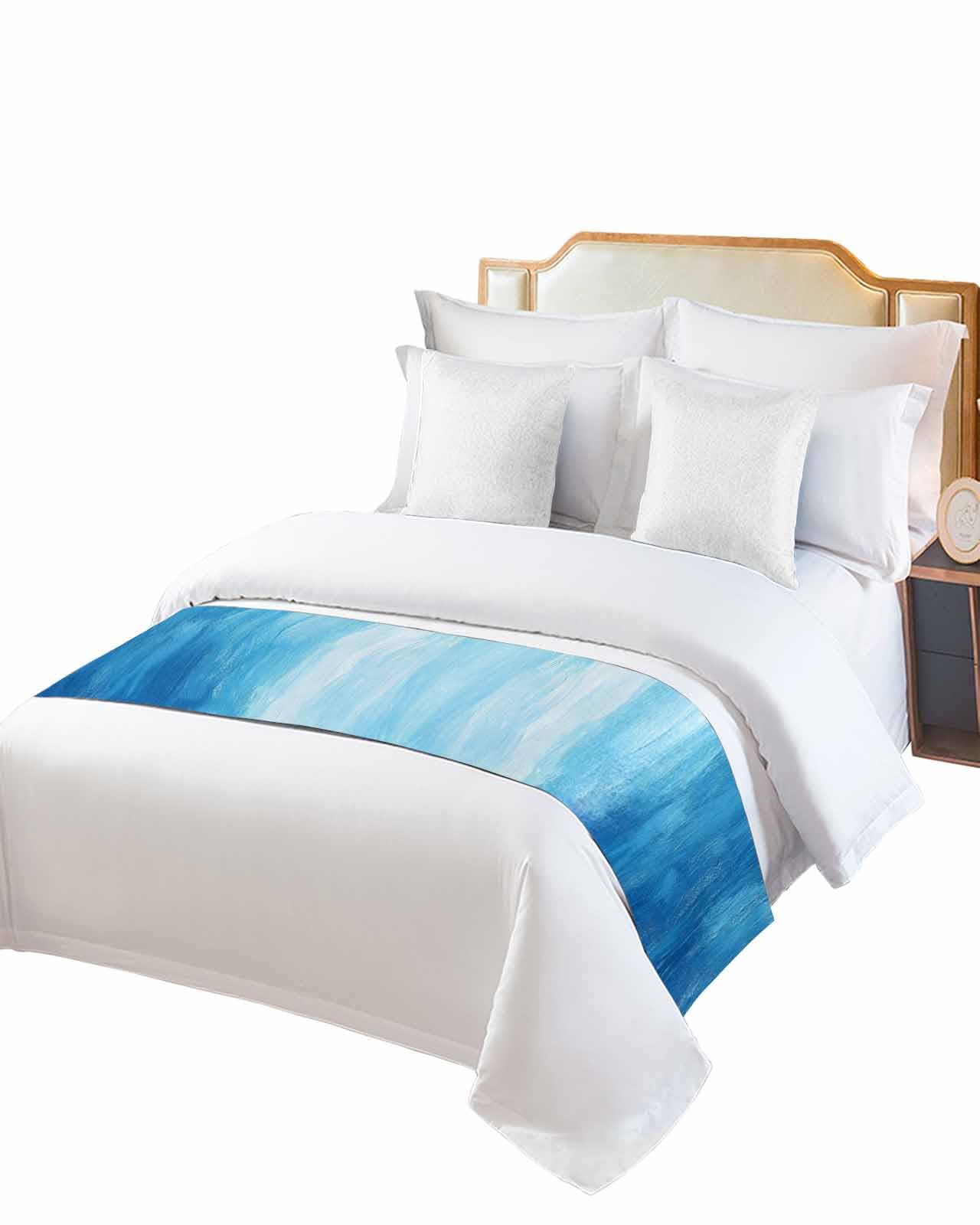 DecorLovee Blue Summer Ocean Bed Runners for Queen Size Bed, Decorative Bed Throws for Foot of Bed, Modern Abstract Coastal Wave Bed Runner Sofa Throw Bedding Scarf Protector Slipcover for Bedroom