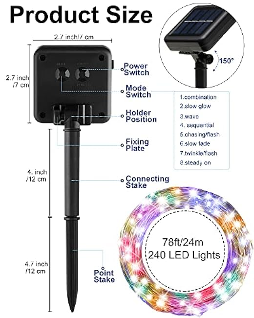 8 Pack Solar String Lights Outdoor Waterproof Each 240 Led 78ft Solar Fairy Lights Outdoor 8 Mode Led Tree Waterproof Copper Wire Garden Yard(Multicolor)