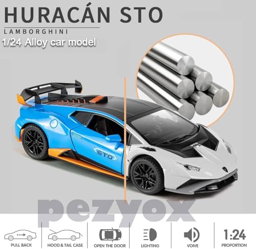 Image of Lambo Huracan STO 1:24 Big Size Diecast Scale Model Alloy Metal Pull Back Toy car for Kids with Openable Doors & Light, Music Toy Vehicle for Kids (Blue)