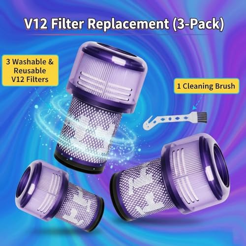 Image of 3-Pack V12 Filter Replacements Compatible for Dyson V12 Detect Slim, SV30, SV46, SV34, SV35 Detect Slim Animal, Slim+, V12 Slim Absolute Cordless Vacuum, Part # 971517-01 Parts, 1 Cleaning Brush