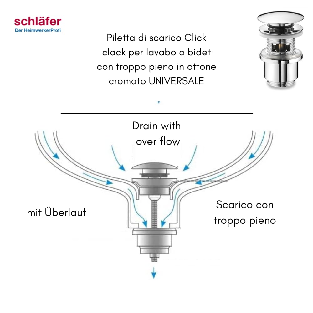 Schläfer 4051003 | Bonde Click Clack pour lavabo de salle de bain et bidet avec trop-plein en laiton chromé, dimensions 1" 1/4, bouchon d'échappement universel pour évier