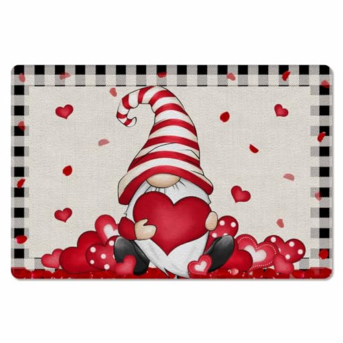Valentine's Day Kitchen Bath Door Mat Cushioned Runner Rug,Washable Welcome Floor Sink Antifatigue Mat,Waterproof & Non-Slip Comfort Standing Doormat,Black Plaid Gnomes Red Love Heart 18