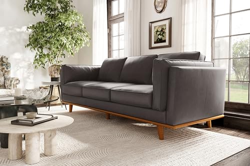 Image of Valencia Artisan Full Leather Sofa 88 inch - Pure Full Italian Nappa Leather Couch, Solid Wood Accent, Ultimate Comfort, Modern Grey