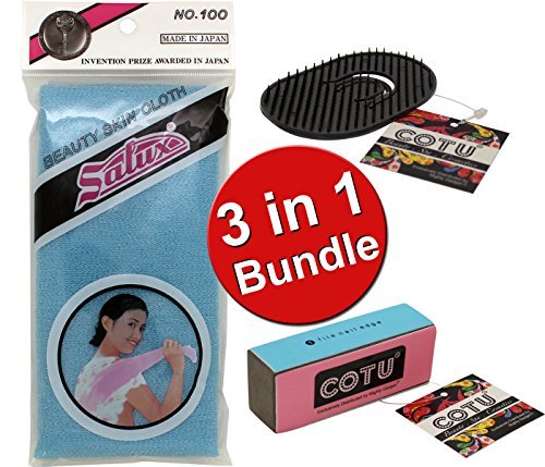 3 in 1 Combo Bundle of Salux Nylon Japanese Beauty Skin Bath Wash Cloth/towel (1 pcs Random Color) + COTU (R) Shampoo Massage Comb (1 pcs) + COTU (R) 4 Way Shiny Nail Buffer Block (1 pcs)