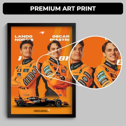 Image of Lando Norris & Oscar Piastri Poster | Framed McLaren F1 Car A4 Sized (31 x 23 cm) | Lando & Oscar F1 Poster | McLaren Car Posters for Wall, Gift for Boys, Formula 1 Frames | Formula 1 Frame (F 130)