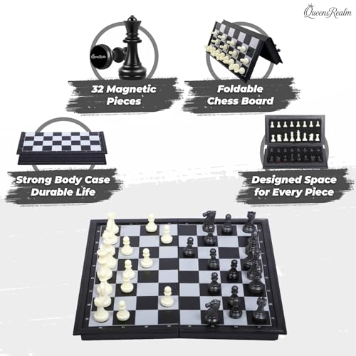 Image of QueensRealm 10 Inch x 10 Inch Magnetic Chess Board Set | Foldable Chessboard for Kids & Adults, Compact & Portable Travel Chess with Inbuilt Storage, 2 Player Board Game (Folding Plastic Chess)