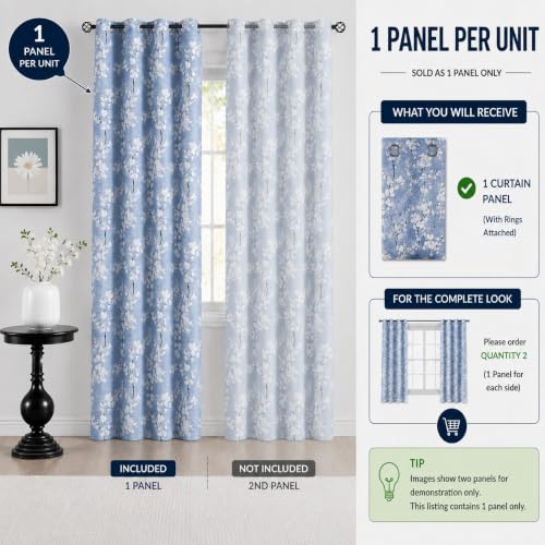 Image of BFAM Floral Print 100% Blackout Curtain with Black Linning at Back, Floral Print Curtains for Living Room /Bedroom Thermal Insulated Energey Saving Blossom Curtain, Pack of 1 Curtain