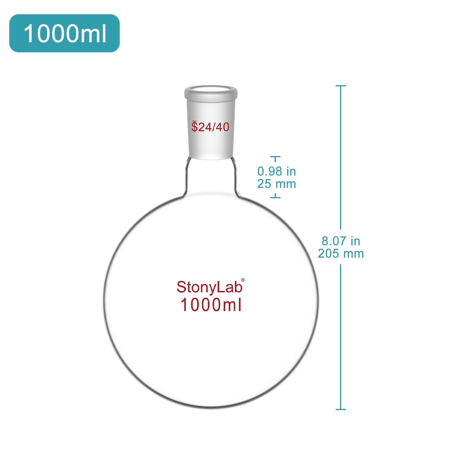 stonylab Matraccio Laboratorio, Matraccio Fondo Rotondo da Parete Pesante a Collo Singolo in Vetro Borosilicato RBF con Giunto Esterno Standard 24/40, Round Bottom Flask per Laboratorio - 1000ml