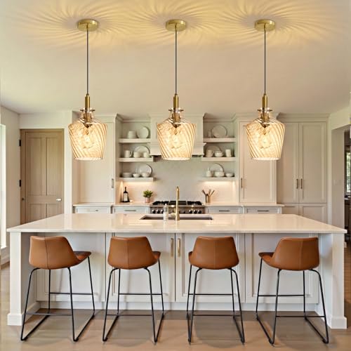 Image of Stripes Amber Glass Pendant Light for Kitchen Island Gold 8 Inch 1 Pack