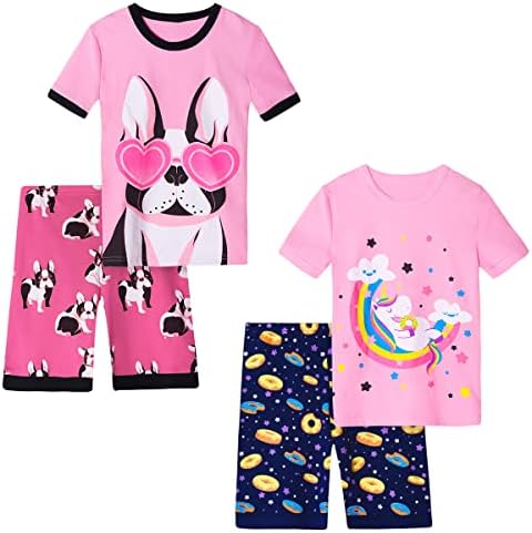 Vopawetty Girls 4-Piece Summer Pajamas Cotton Short Pjs Set Kids Sleepwear
