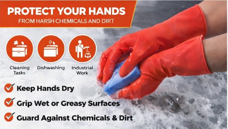 Image of LADWA Premium Rubber Household Cleaning Gloves, Red Color Reusable Waterproof Gloves for Kitchen Cleaning, Dishwashing, Gardening and Bathroom Use with Durable Material (Pack of 1 Pair)