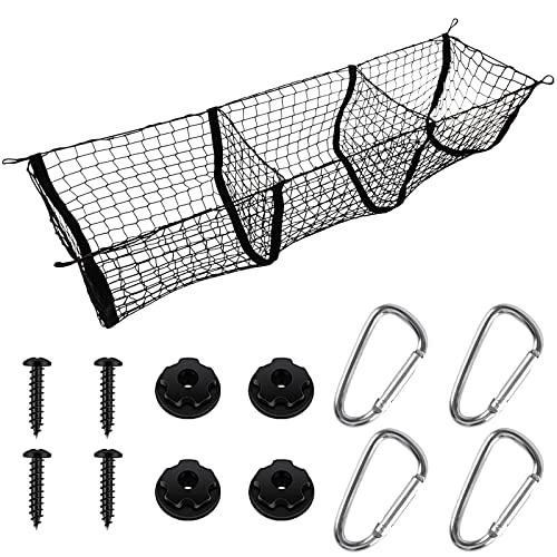 3 Pocket Stretchable Cargo Net Trunk Bed Organizer, Mesh Storage Net With 12 Metal Hooks And Mounting Screws, Heavy Duty Cargo Net For Pickup Truck Bed Toyota Car Boats Rv, 43.3X11.8 Inches #TOP24