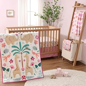 The Peanutshell 5 Piece Baby Crib Bedding Set for Girls – Newborn, Infant & Toddler Nursery Bed Set Decor with Fitted Crib Sheets, Blanket, Dust Ruffle Comforter – Bright Safari