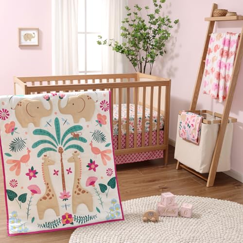 The Peanutshell 5 Piece Baby Crib Bedding Set for Girls – Newborn, Infant & Toddler Nursery Bed Set Decor with Fitted Crib Sheets, Blanket, Dust Ruffle Comforter – Bright Safari