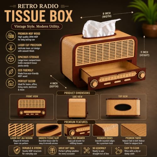 Image of Retro Radio Wooden Tissue Box with Storage Drawer Decorative MDF Tissue Holder for Home & Office