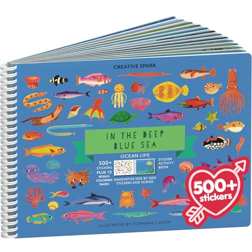 Image of Cupkin Ocean Sticker Book Activity for Kids, Toddler Airplane Travel Essentials, 500+ Shark Stickers for Kids + 12 Scenes + 12 Coloring Book Pages, Deep Blue Sea Gift, Kid Crafts Ages 2-8