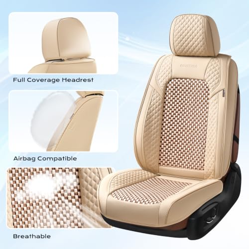Image of Coverado Seat Covers Full Set, 5 Seats Universal Seat Covers for Cars, Beige Car Seat Covers Front Seats Back Seat Cover, Breathable Car Seat Cushion, Leather Seat Cover Seat Protector Fit Most Cars