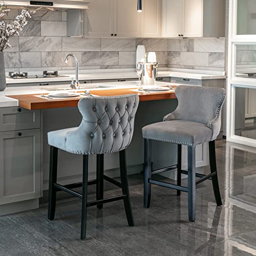 Grey Velvet Bar Stools Set of 2 , 26.7 Inch Counter Height Bar Stools, Modern Upholstered Barstools with Back ,Solid Wood Legs and Nailhead Trim, Wingback Bar Chairs for Kitchen Island Counter, Gray
