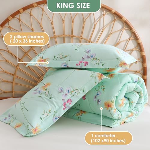 JSD Green Floral King Comforter Set - 3 Piece All Season Bedding