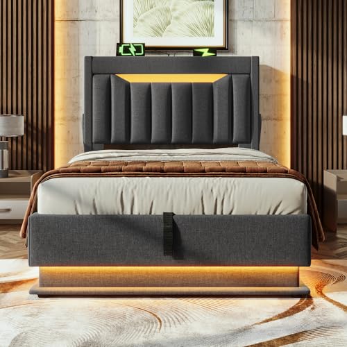 Dolamaní Cama individual de 90 x 200 cm con espacio de almacenamiento, cama con USB y LED, conectores tipo C, cama de almacenamiento hidráulico, marco de cama con somier, lino (gris)