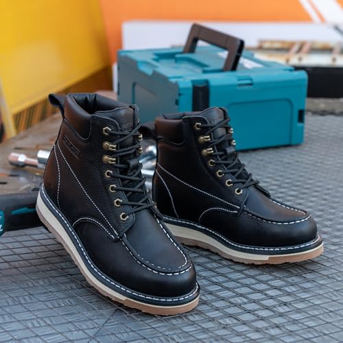 Image of Moc Toe Work Boots for Men Waterproof Soft /Steel Toe Comfortable Full Grain Leather Non Slip Wedge Outsole Construction 6 inch Workboots