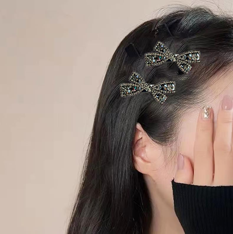 4Pcs Rhinestone Crystal Bow Hair Clips Non Slip Barrettes Bowknot Duckbill Clip for Women Wedding Party(Black) - Image 4