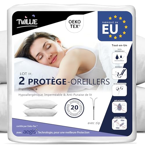Twillie Protège Oreiller Imperméable (Lot de 2) – pour Oreiller 60x60 cm - Qualité supérieure certifié Oeko-TEX® - Aegis® Hypoallergénique – Anti Acarien,...