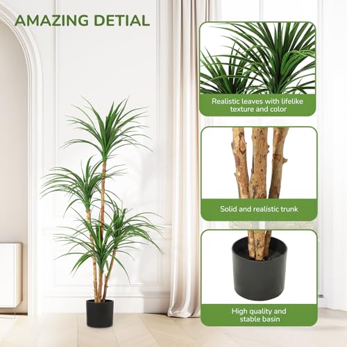4 Ft Artificial Dracaena Tree, Realistic Fake Dracaena Plant, Tall Dracaena Houseplant for Indoor Décor, Adjustable Lifelike Faux Tree, Ideal for Photo Backdrops, Nursery, Living Room, Office