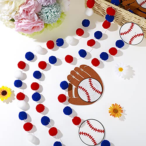 Image of Tatuo 3 Pieces Baseball Pompom Garland Sports Theme Banner Blue Red White Felt Ball Baseball Glove Hanging Garland for Sports Birthday Party Decor 8.2 Feet