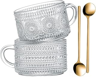 Gezzeny Vintage Glass Coffee Mugs 14 Oz Set of 2 Clear Embossed Tea Cups, Glass Coffee Cups for Cappuccino, Latte, Cereal, Yogurt, Beverage Christmas Thanksgiving Gifts