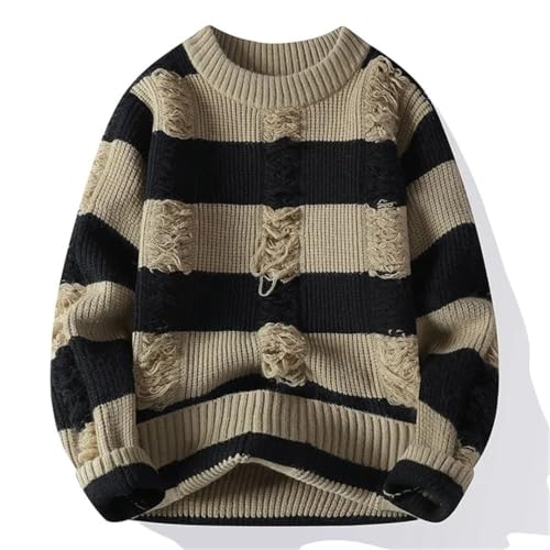 Men Hole Decoration Striped Knit Sweater O-Neck Casual Warm Sweaters Hip Hop Slim Fit Knitted Pullovers3
