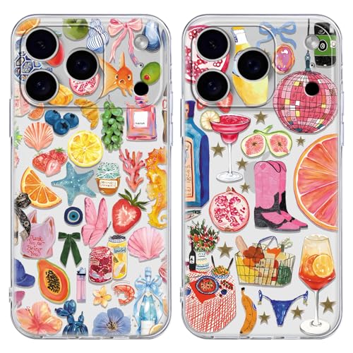 Saqmkil 2 Pezzi Cover per iPhone 17 Pro, Aesthetic Collage Disegni Trasparente Custodia con estate Motivo, Sottile Morbido Silicone Donna Bumper Protettiva Case Custodie per iPhone 17 Pro 6,3'',Frutta