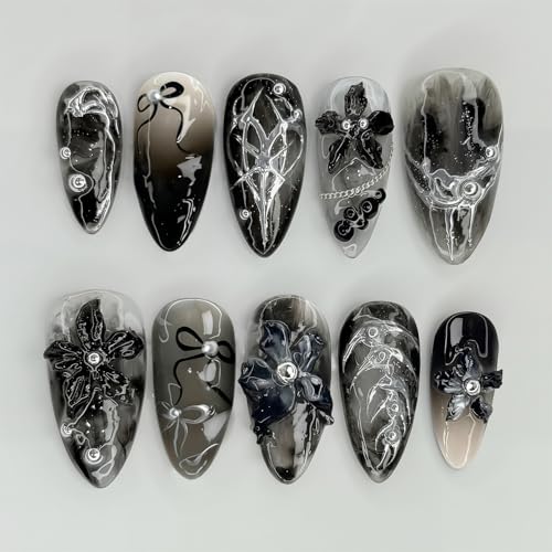 30Pcs Black Gothic Press on Nails Medium Almond Fake Nails Goth Flower Acrylic Nails with Silver Beads 3D Flowers Bow Gradient False Nail Gothic Full Cover Stick on Nails for Women Nail Designs