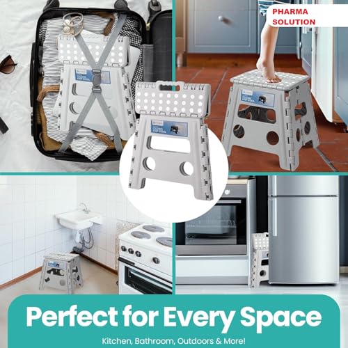 Image of 12 Inch Super Strong Folding Step Stool to Support Adults and Safe Enough for Kids. Opens Easy with One Flip. Great for Kitchen, Bathroom, Bedroom, Kids or Adults (Light Grey)