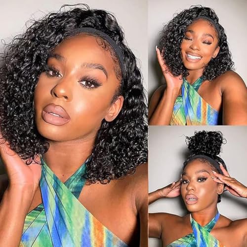 Image of Kinky Curly Headband Wig Human Hair 26 Inch Natural Wigs for Black Women | Glueless None Lace Front Wig, Brazilian Virgin Hair, 200% Density, Machine Made Curly Headband Wig, Wear and Go