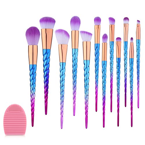 14PCS Makeup Brush Set, LURICO 12PCS Colorful Unicorn Make Up Cosmetic Brush Set Foundation Blending Cosmetic Eyeshadow Brush + 1PC Silicone Brush Wash Egg + 1PC Storage Brush Bag