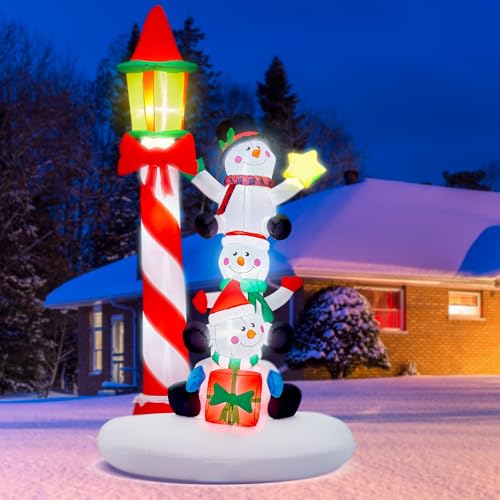 Image of 7ft Christmas Inflatable Snowman & Streetlamp with Built-in LED Lights, Indoor Outdoor Blow Up Yard Decoration for Xmas Party, Home, Outside Lawn Holiday Decor