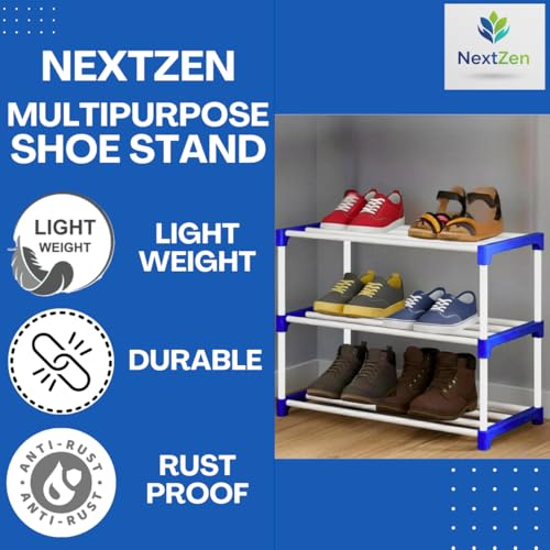 Image of NextZen 3 Layer Multipurpose Shoe Stand & Organizer Rack Premium Plastic Multipurpose Shoe, Cloth & Book Storage Shelf for Home, Balcony, Living Room & Workspace