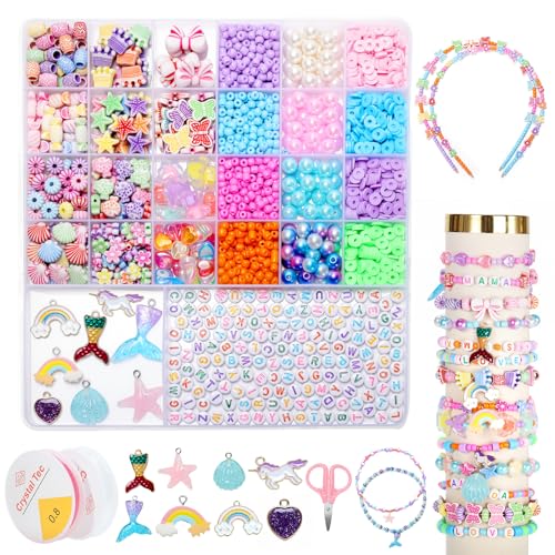 WONDERFORU Perlen Set für Armbänder Selber Machen für Bastelset Kinder Bunte Perlen zum Auffädeln kinder Schmuck Basteln Perlen Mädchen Set Halsketten Kunst Handwerk Geburtstagsgeschenke Spielzeug