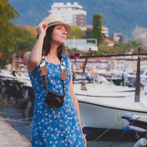 Image of Padwa Lifestyle Brown Crane Camera Strap - 2 inch Cowhide Leather Head Cotton Camera Straps for Photographers,Vintage Japanese Art Print Adjustable Neck & Shoulder Strap for ALL DSLR /SLR Cameras