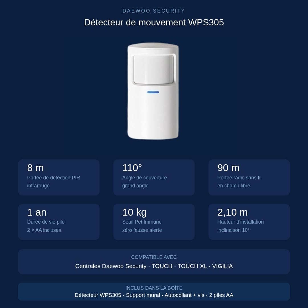 Daewoo Security - Détecteur de Mouvement sans Fil - Capteur PIR Infrarouge Connecté - Alerte Smartphone Instantanée Via App Daewoo Home Connect - sans Abonnement - Compatible Animaux